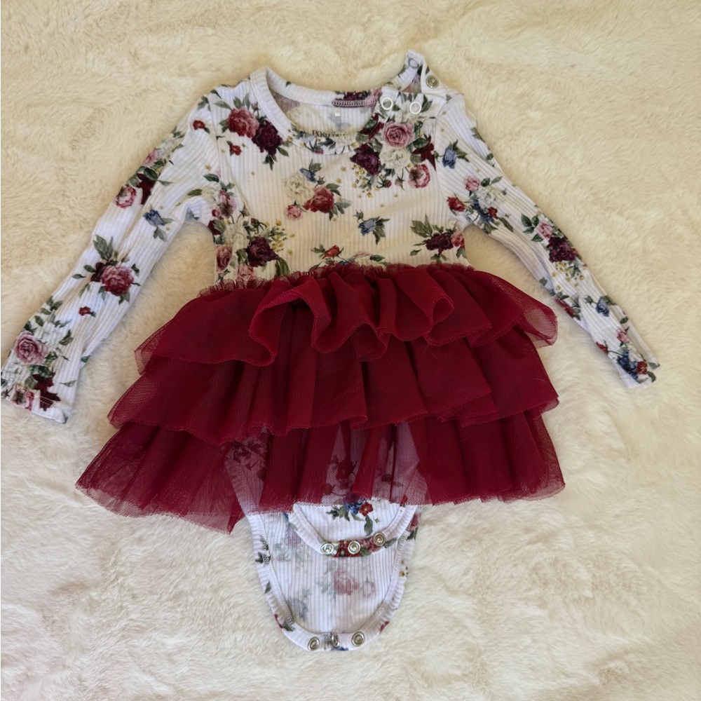 Posh Peanut Philippa Floral Long Sleeve
Tulle Tutu Dress Baby burgundy bodysuit